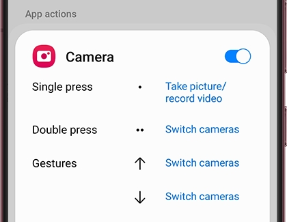A list of Air actions for the Camera app on a Galaxy phone