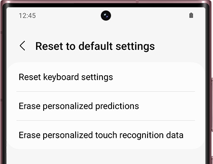 List of options for Reset to default settings
