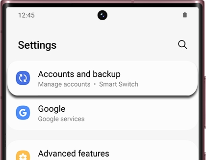 Accounts and backup highlighted under Settings