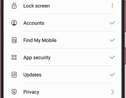 List of settings under Security and privacy