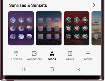 Galaxy Themes page with Icons tab selected