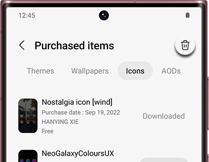 Purchased items page with Icons tab and Delete icon highlighted