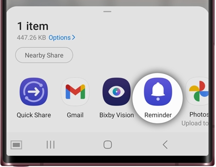Reminder app listed as a Share option