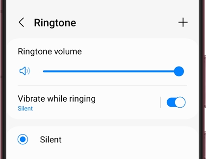 A list of ringtones and a plus sign in the top right corner of a Galaxy phone