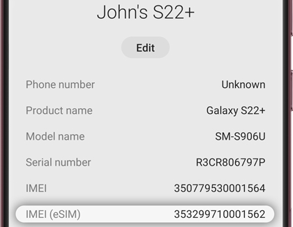 IMEI number highlighted on a Galaxy phone