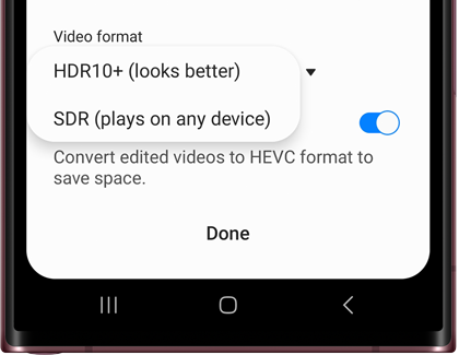 List of Size and format options on a Galaxy phone