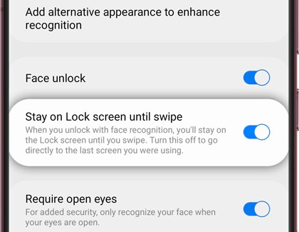 Switch highlighted next to Stay on Lock screen until swipe
