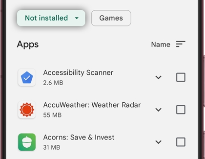 Not installed tab highlighted in a list of apps on a Galaxy phone