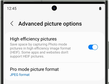 Advanced picture options on Camera Settings