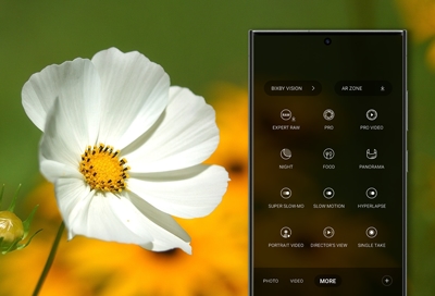 Galaxy S23 Ultra camera modes screen with Daisy as a background image