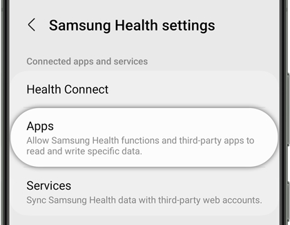 Samsung Health settings screen with Apps highlighted