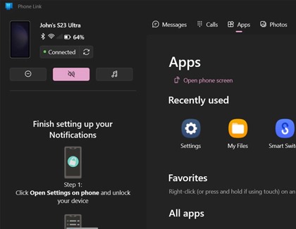 Phone Link app open on a Windows PC