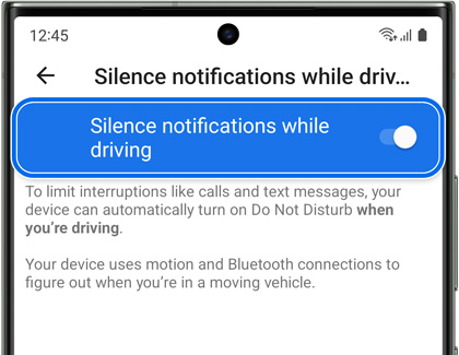 Silence notifications while driving button turned on on a galaxy S23 screen