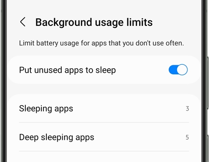 A list of settings for Background usage limits on a Galaxy phone