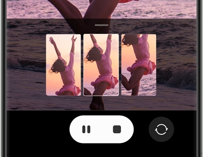 Camera app showing a three-frame layout of a person jumping on the beach