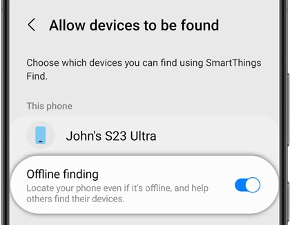 Offline finding switched on with the SmartThings Find app
