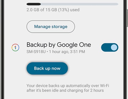 Back up now highlighted under Backup by Google One