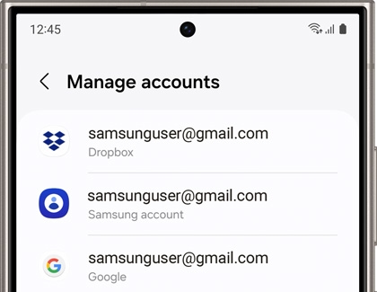 Manage accounts screen displayed on a Galaxy phone.