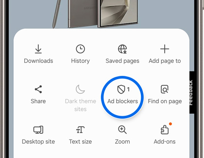 Ad blockers highlighted in the menu of the Samsung Internet app