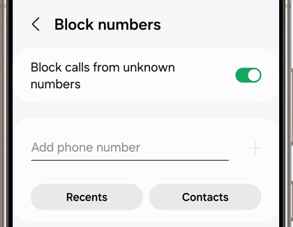 Block numbers settings screen displaying a switch next to Block calls from unknown numbers