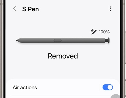 S Pen settings displaying S Pen battery level and Removed status