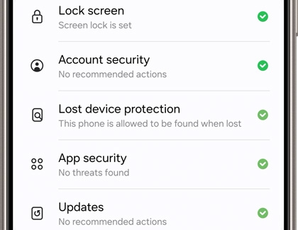 Security and privacy settings screen displaying a list of settings such as Lock screen, Account security, Lost device protection, App security, and Updates.