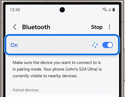 The switch highlighted and turned on in Bluetooth settings