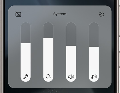 Volume control settings screen on a Galaxy device, showing individual sliders for system, notifications, media, and ringtone sounds