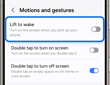 Lift to wake highlighted in Motions and gestures settings