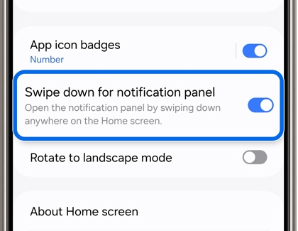 Swipe down for notification panel highlighted and the switch turned on in Home screen settings