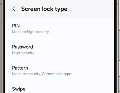 List of Screen lock types such as PIN, Password, Pattern, and Swipe