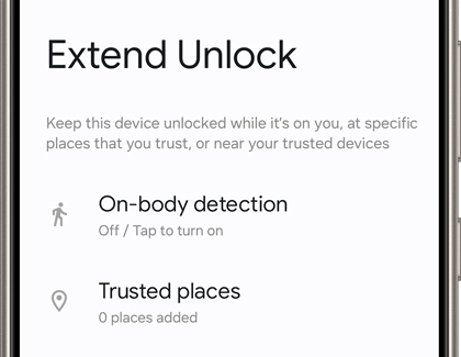 Galaxy S24 Ultra Extend Unlock settings with options for On-body detection and Trusted places.