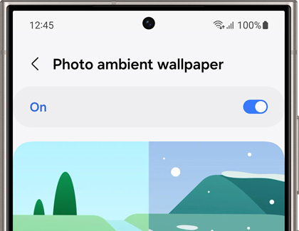 A smartphone screen displaying the 'Photo ambient wallpaper' settings with the option toggled on.