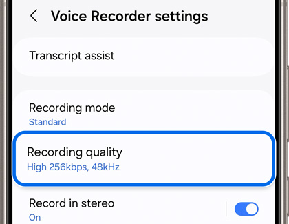 Recording quality highlighted in Voice Recorder settings.