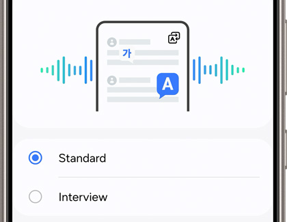 Voice Recorder app displaying Standard or Interview options with Standard selected.