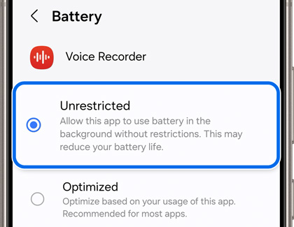 Unrestricted selected for Voice Recorder in Battery settings.