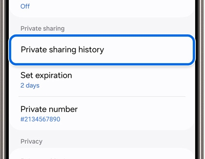 Private sharing history highlighted under Private sharing