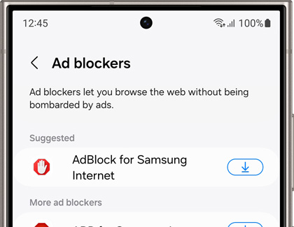 Settings screen on a Samsung Galaxy device showing suggested ad blockers for Samsung Internet to enhance browsing privacy.