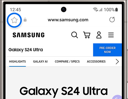 Samsung Internet browser with a highlighted bookmark icon for saving webpages on a Galaxy device.