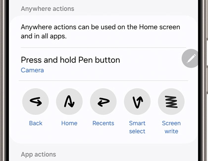 List of Anywhere actions features such as Press and hold Pen button and various gestures