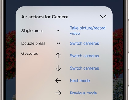 Air actions for Camera menu displayed on a Galaxy phone