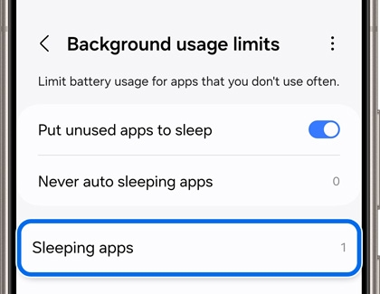 Sleeping apps highlighted in Background usage limits screen