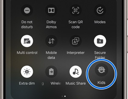 Kids icon highlighted in the Quick settings panel