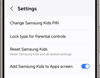 Samsung Kids settings screen displaying a list of options