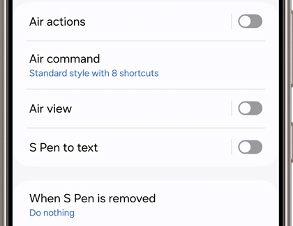 List of S Pen advanced features disabled such as Air actions, Air command, Air view, and S Pen to text