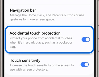 Accidental touch protection highlighted and enabled