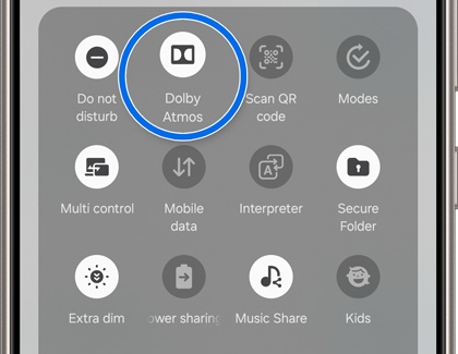 Dolby Atmos icon highlighted in the Quick settings panel on a Galaxy phone