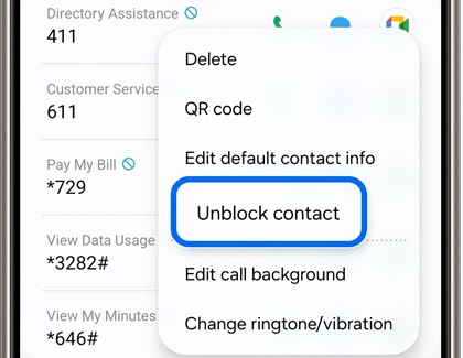 Unblock contact highlighted in More options in the Contacts app