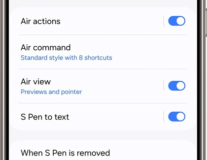 List of S Pen advanced features enabled such as Air actions, Air command, Air view, and S Pen to text