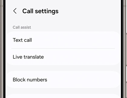 Call settings screen displaying Text call, Live translate, and Block numbers